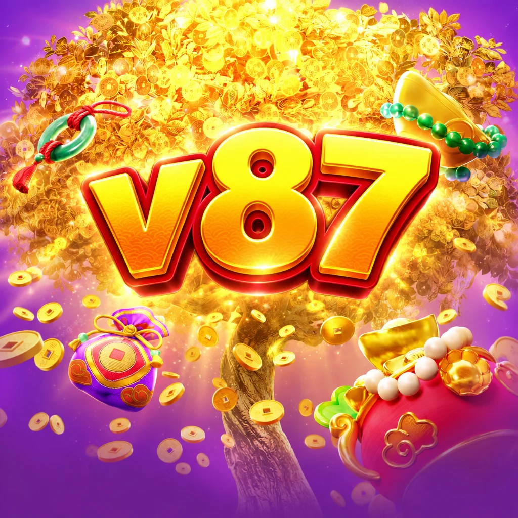 Pohon uang emas dengan kantong koin ungu dan merah di v87 Prosperity Tree